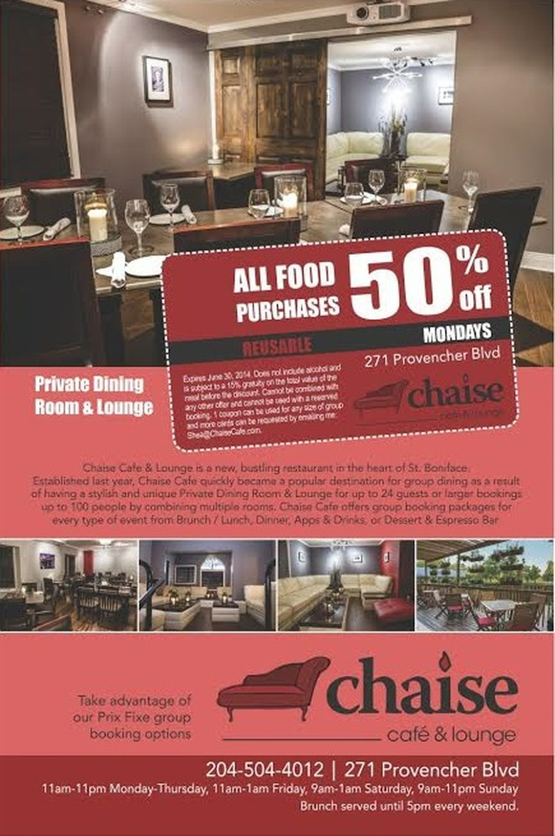 Restaurant ad: Dining room, special offers, 50% off food purchases. Chaise cafe & lounge, Manitoba.