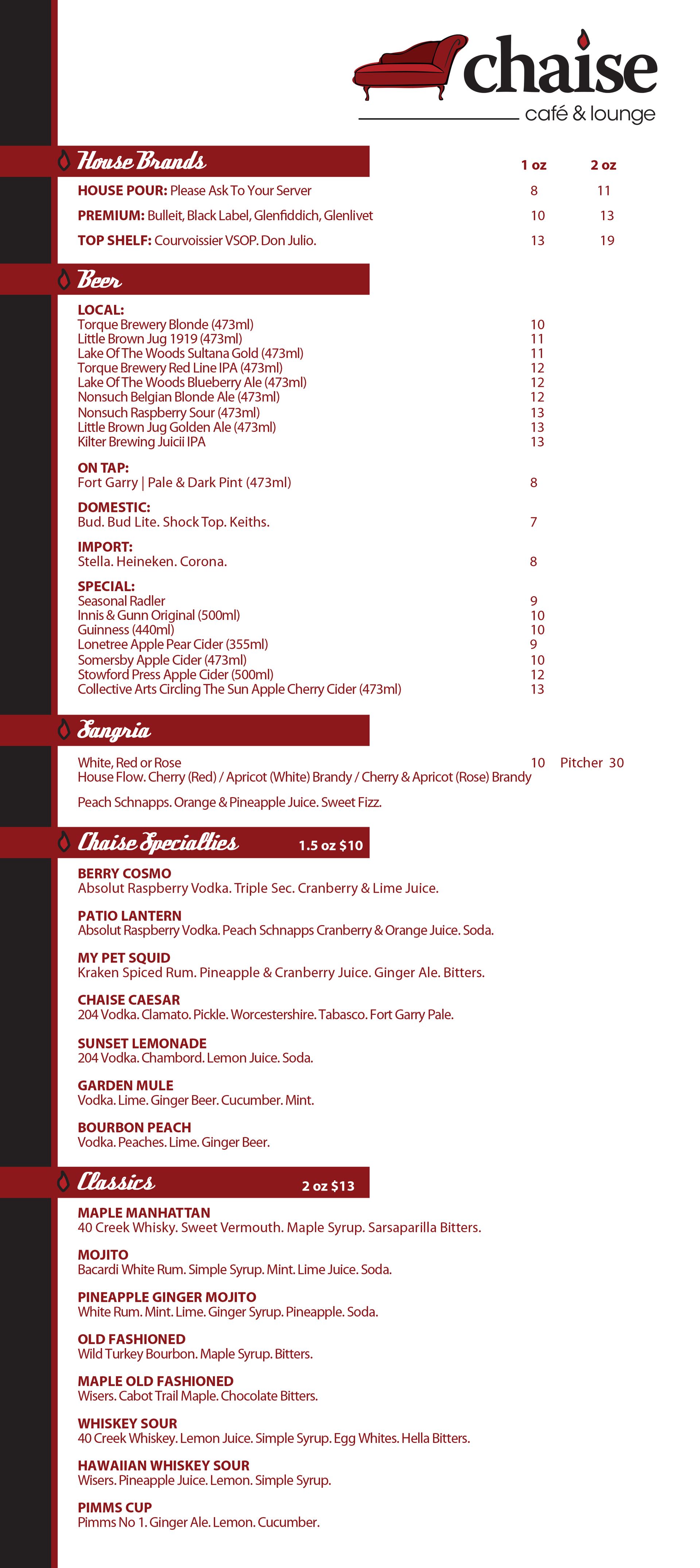 A vertical advertisement for Chaise Antiques. The text is in white on a dark background with the company's logo in the top right corner.