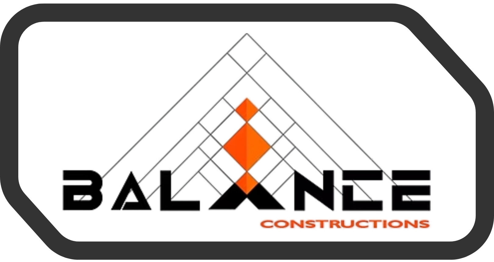 Logo for Balance Constructions: black text over an orange and gray geometric design, indicating construction.