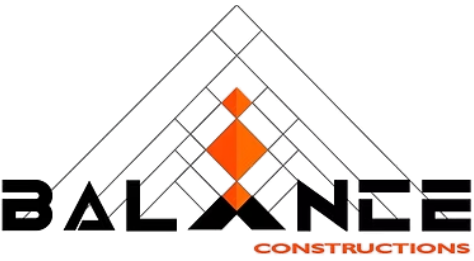 Logo for Balance Constructions: black text over an orange and gray geometric design, indicating construction.