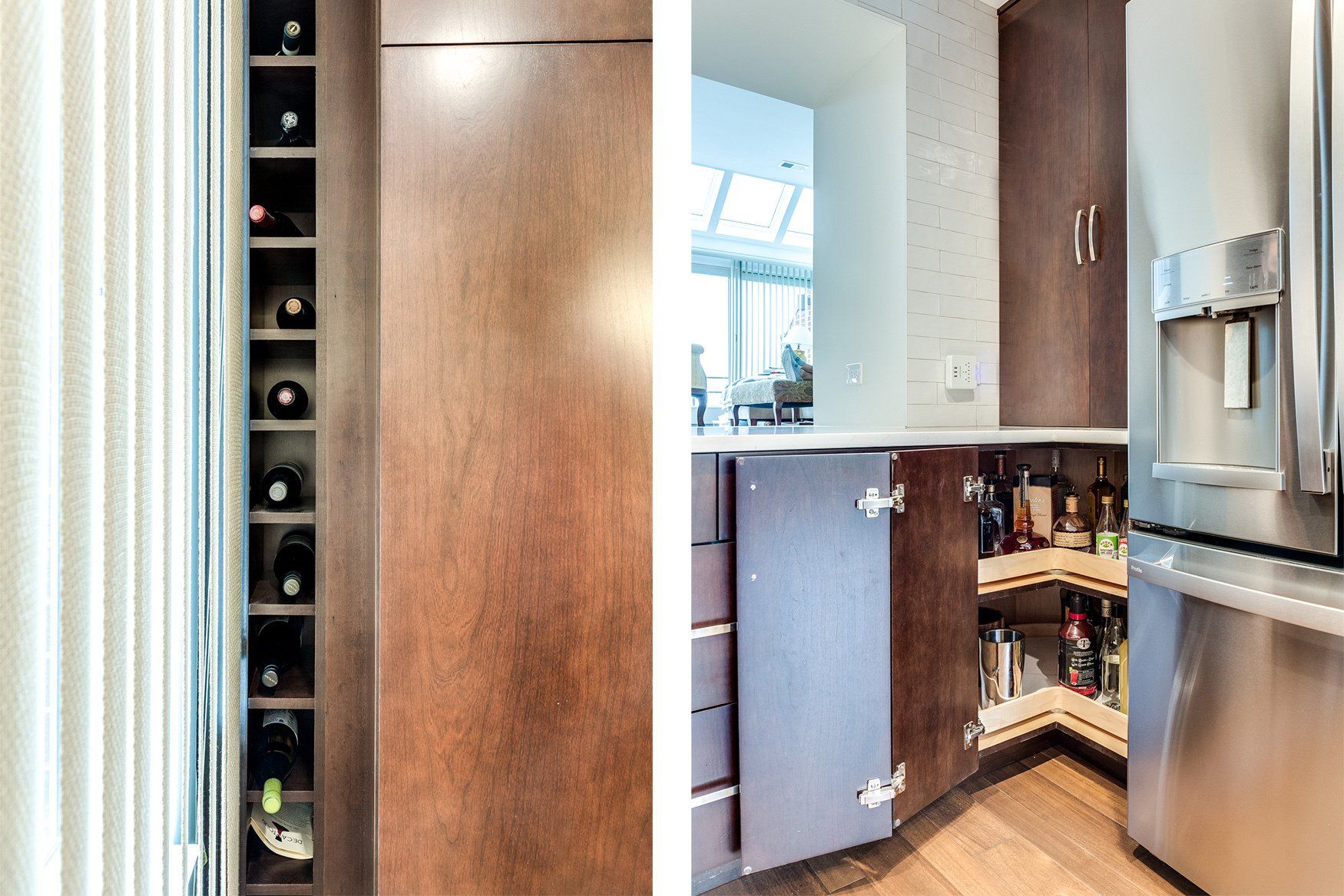 A kitchen with stainless steel appliances and wooden cabinets