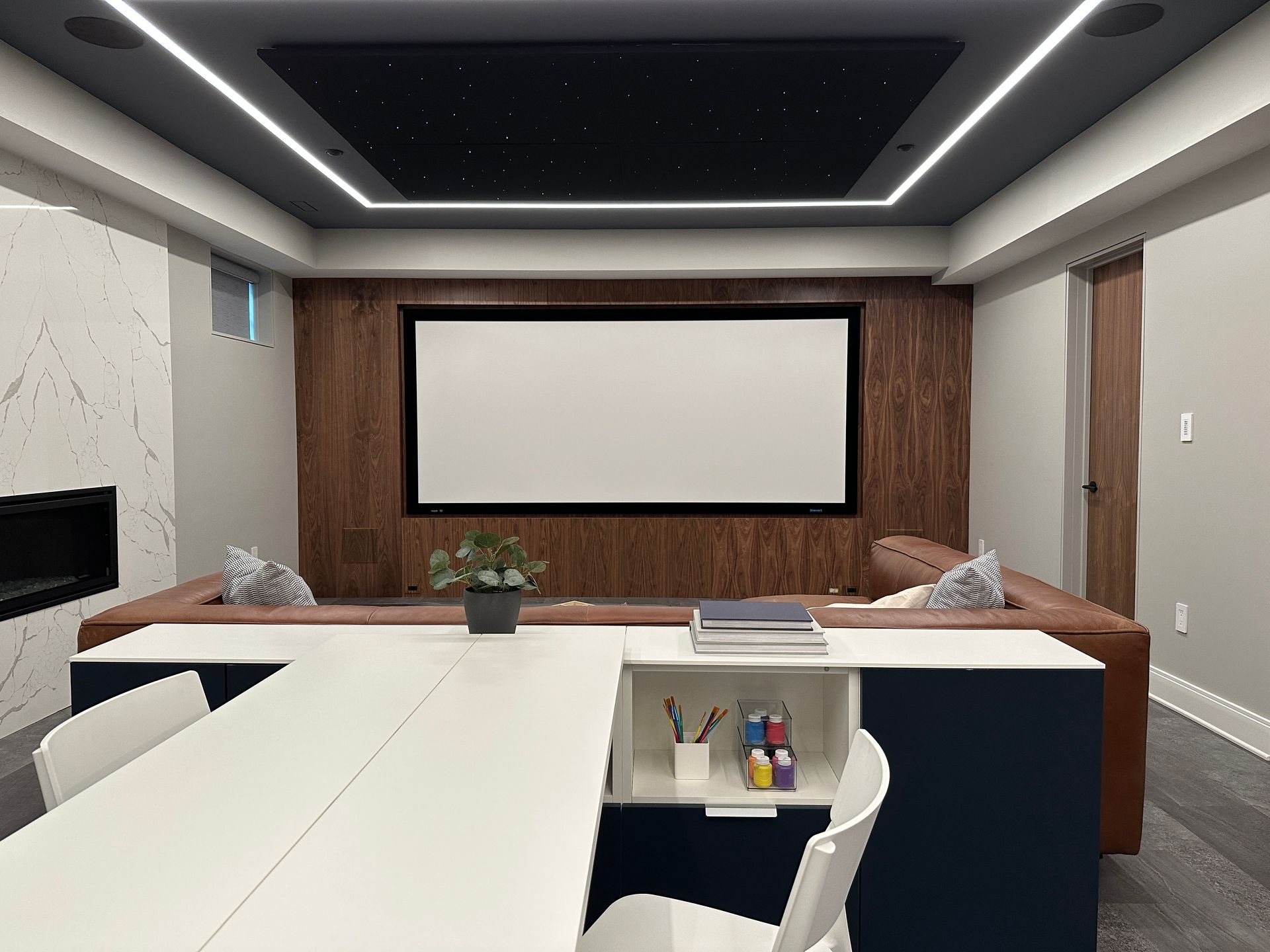 There is a projector screen in the middle of the room.