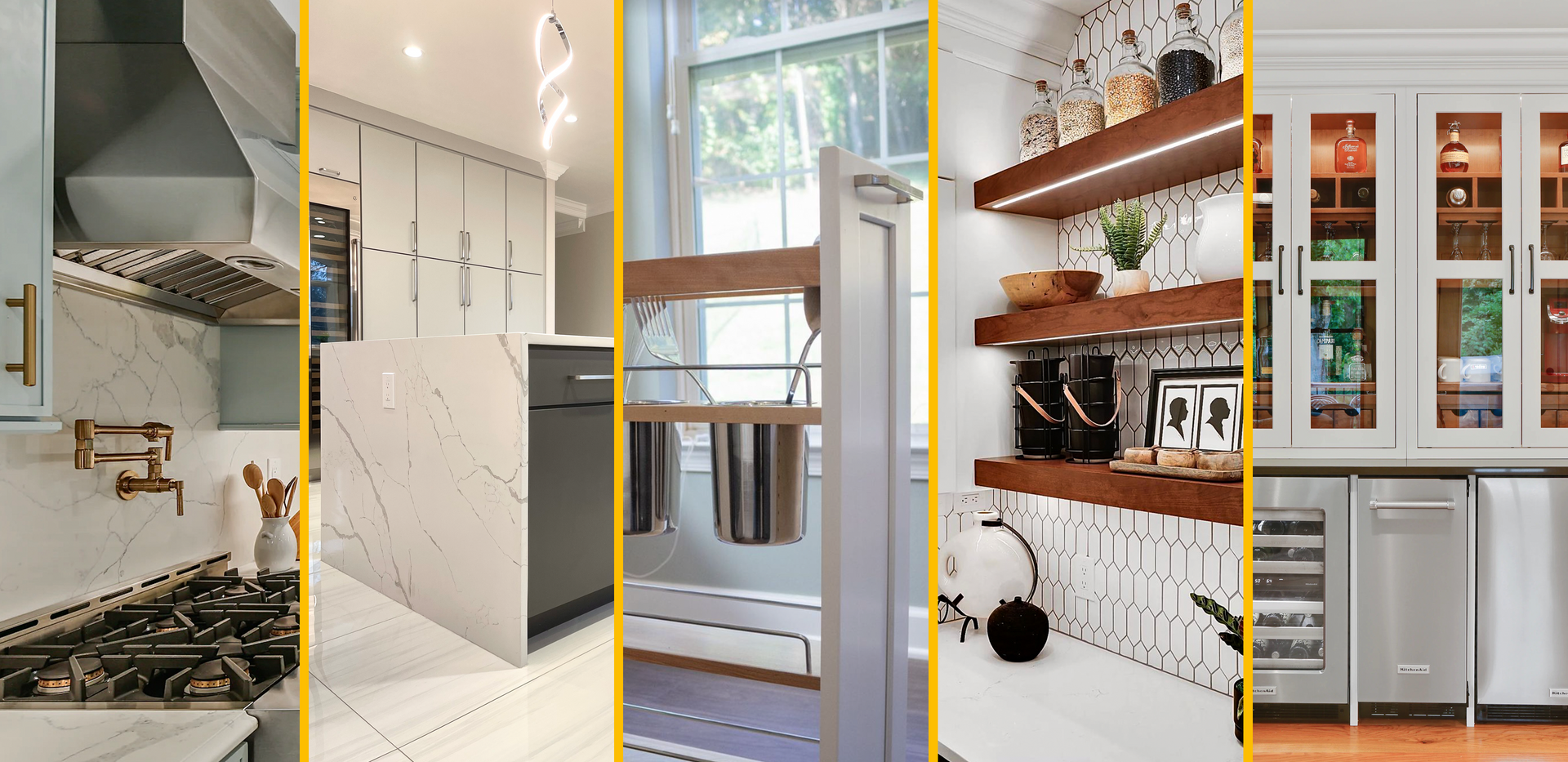 A collage of four pictures of kitchens with different types of cabinets and shelves.