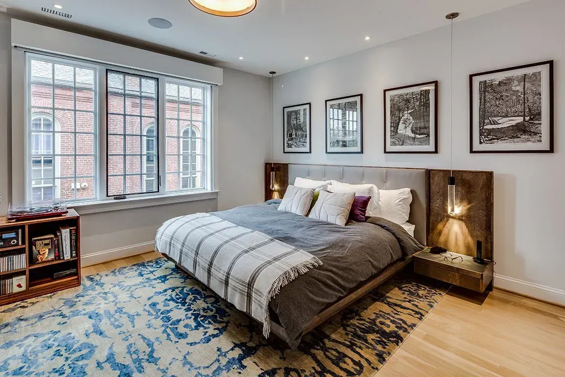 There is a large bed in the middle of the room.