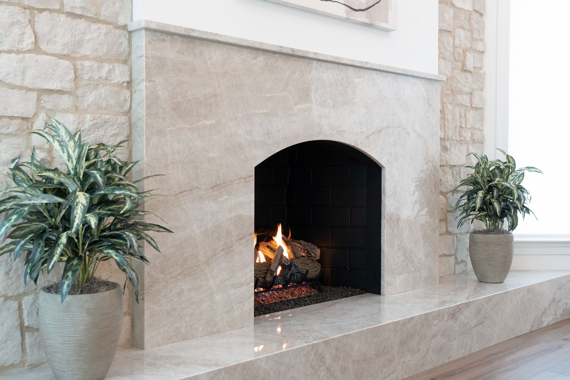 A fireplace in a living room with two potted plants next to it.