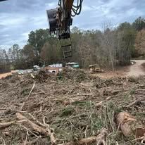 A bulldozer is cutting down trees in a field.