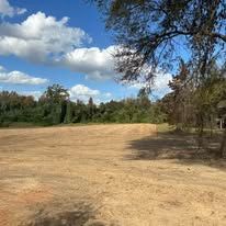 A large empty field with trees in the background on a sunny day.