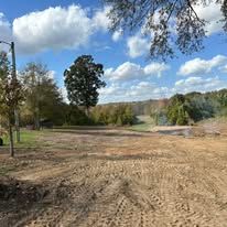 A dirt road with trees on the side of it and a blue sky with clouds.