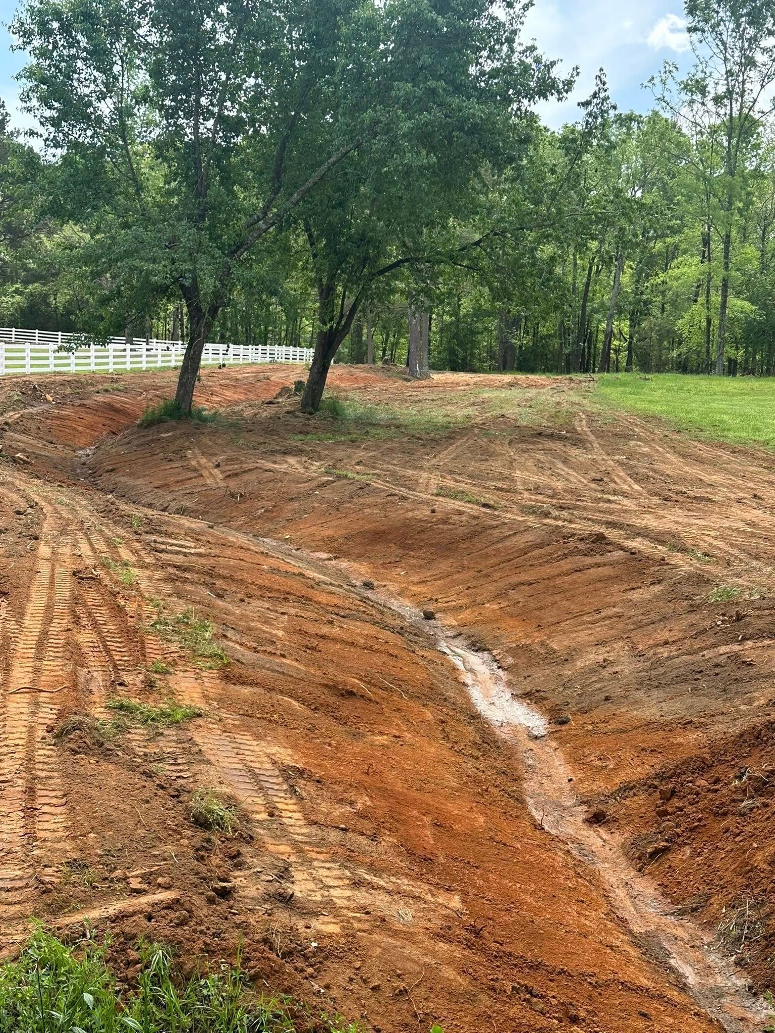 A dirt road going through a field with trees in the background.