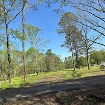 A dirt road going through a park surrounded by trees on a sunny day.