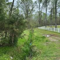 A white fence surrounds a grassy field with trees in the background.