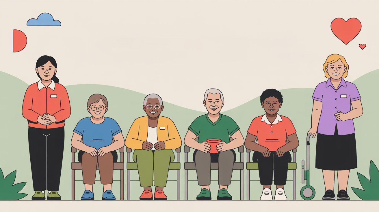 Group of seniors sitting with caregivers; garden setting, cartoon style.