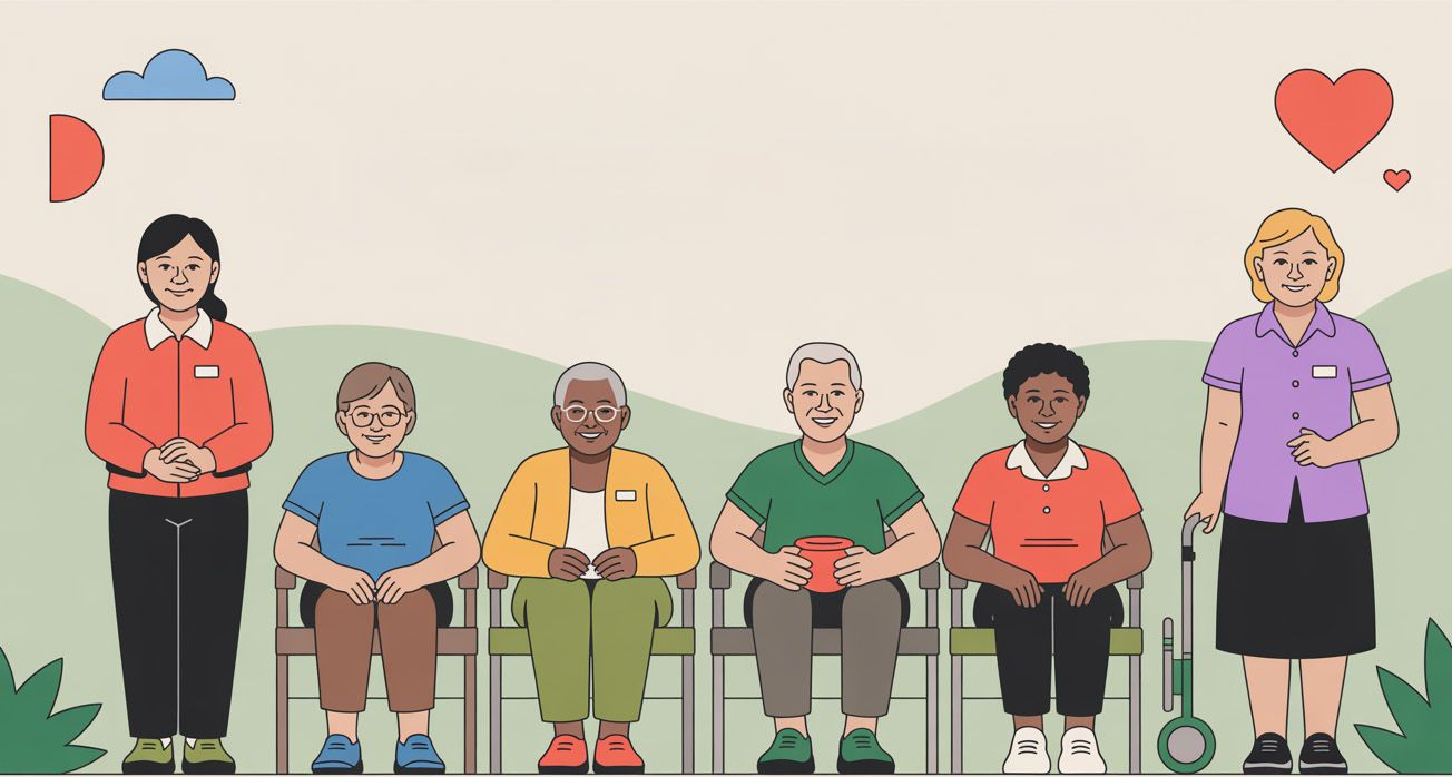Group of seniors sitting with care workers outdoors, smiling.