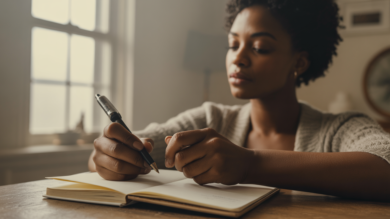 Woman writing in a notebook at a wooden table near a window, natural light.
