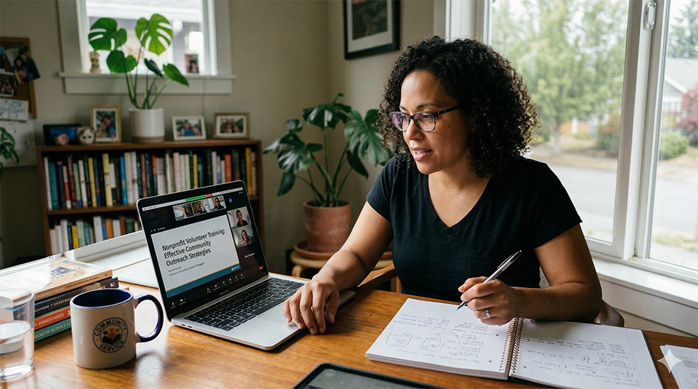 Woman wearing glasses works on laptop, takes notes at desk in home office.