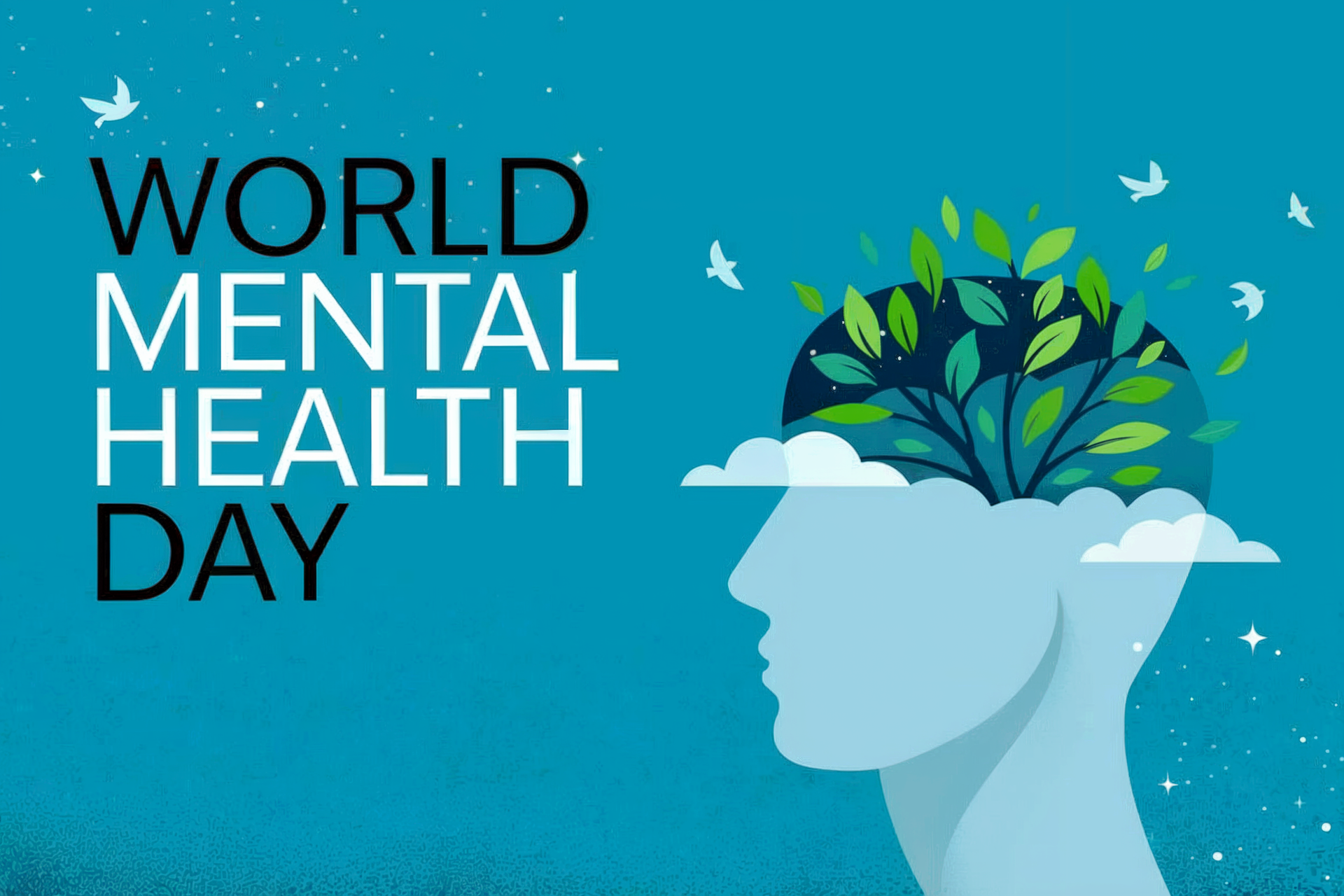 World Mental Health Day: A silhouette head with a tree growing from it; leaves, clouds, birds, and text on a teal background.