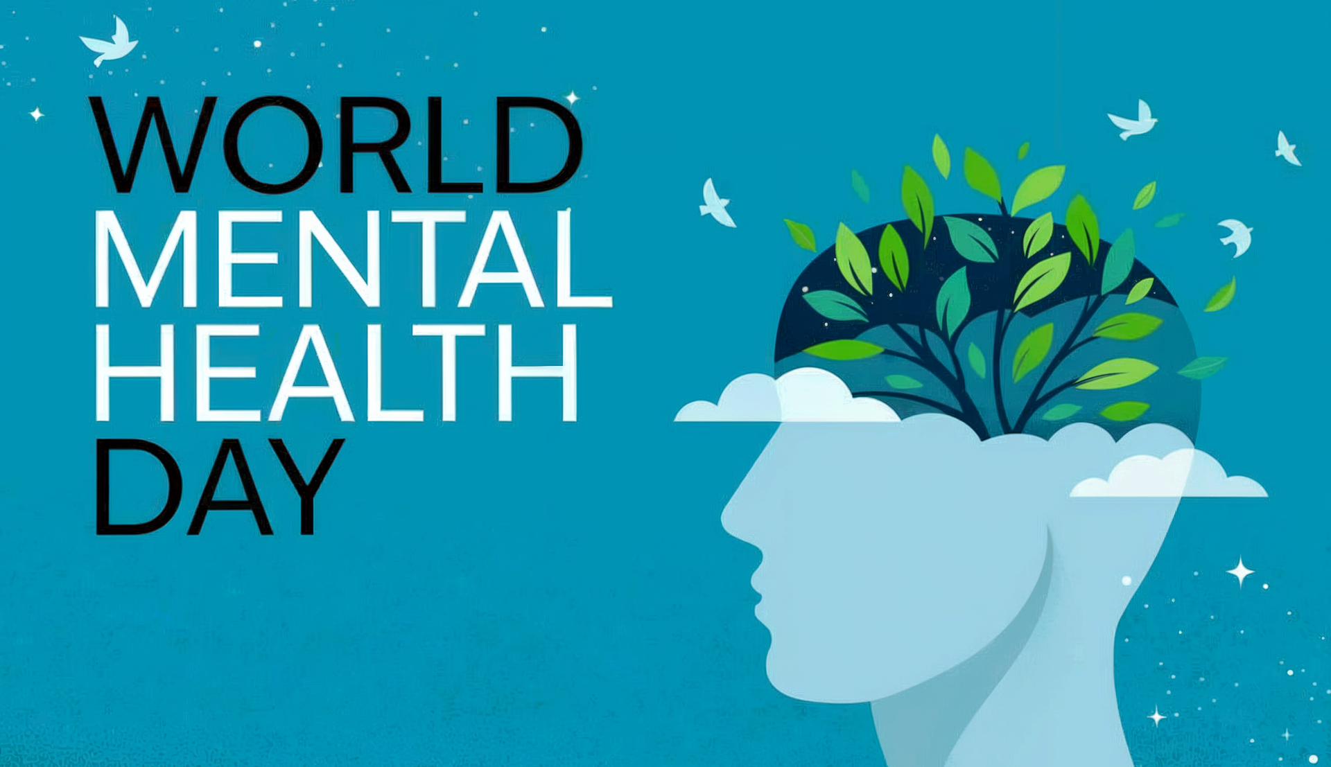 World Mental Health Day: A head silhouette with a growing tree inside, surrounded by leaves, clouds, and birds.