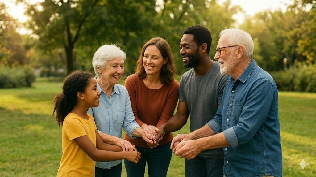 Family of six holding hands in a park, smiling.