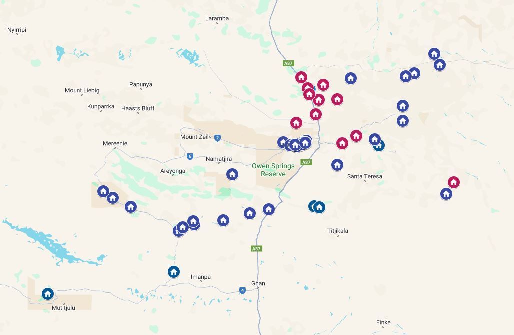 A map of a city with blue and red circles on it.