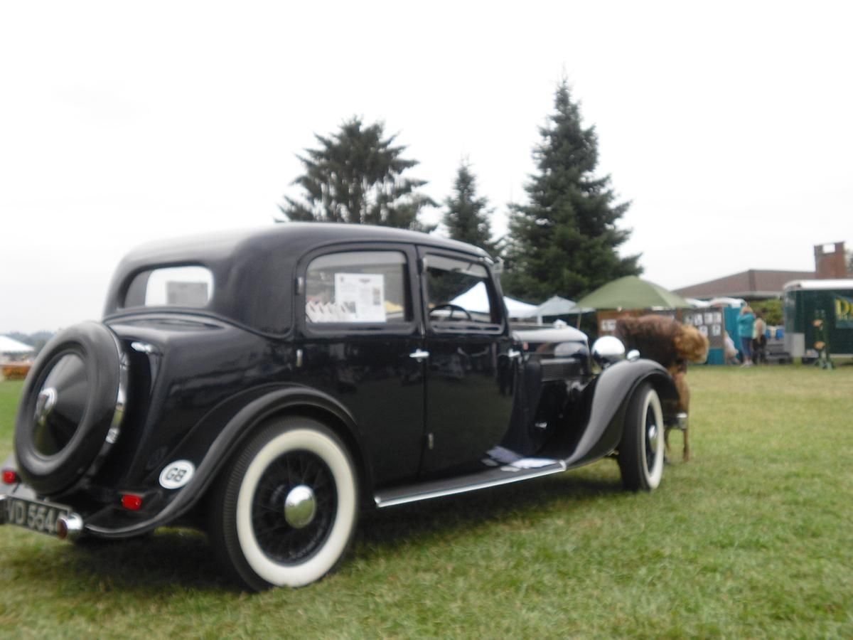 A black car with white tires is parked in a grassy field