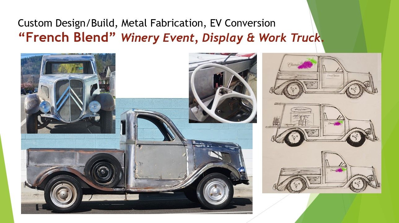 A picture of a french blond winery event , display and work truck.