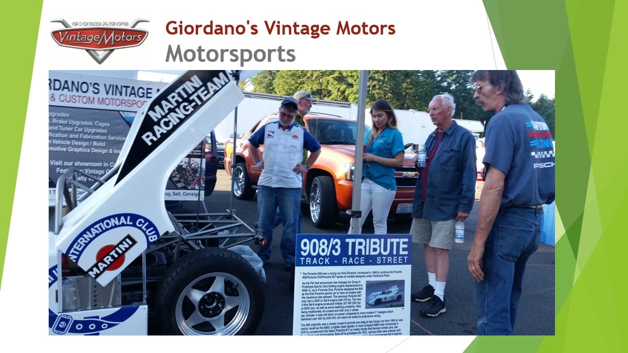 A group of people standing around a martini racing team car