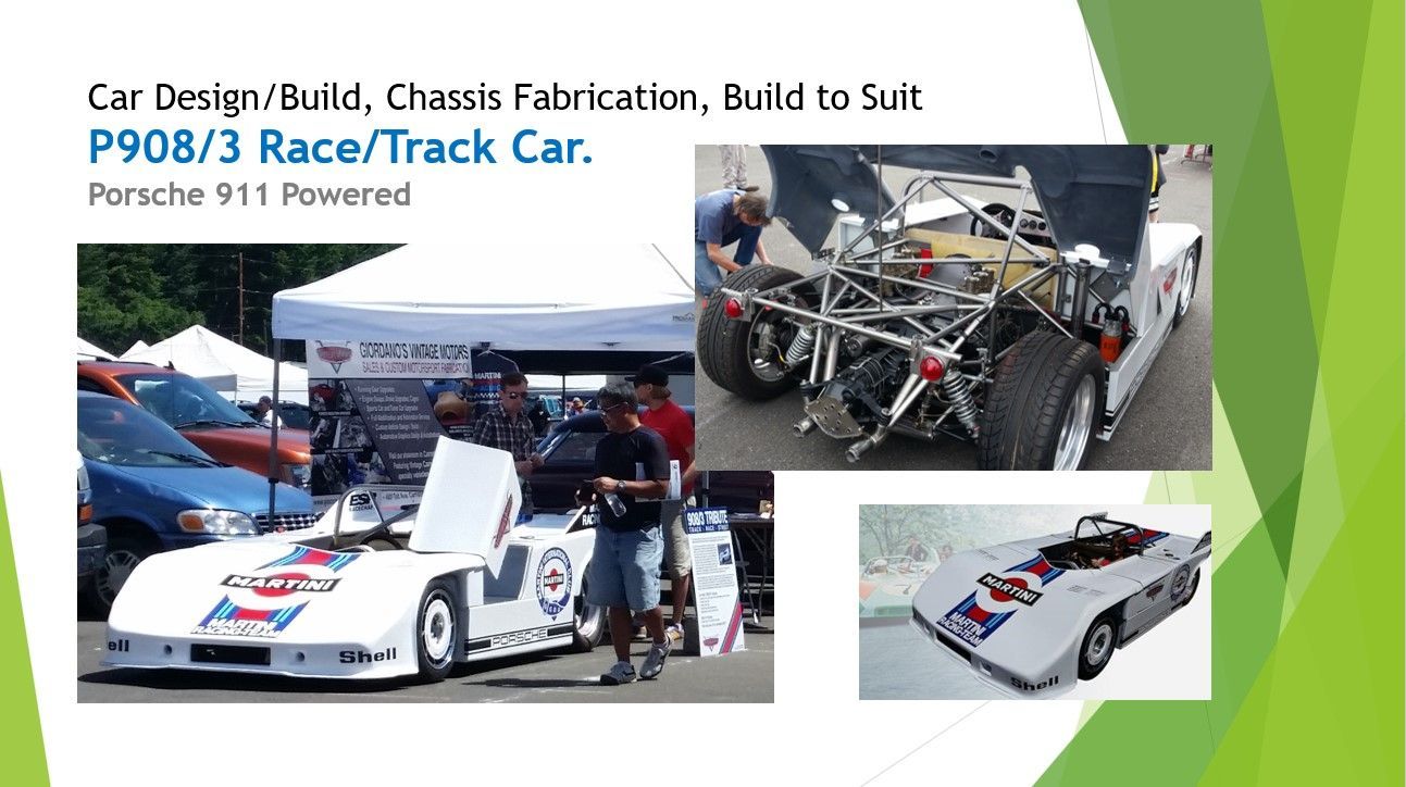 A picture of a race car with the words car design build chassis fabrication build to suit p908 / 3 race / track car