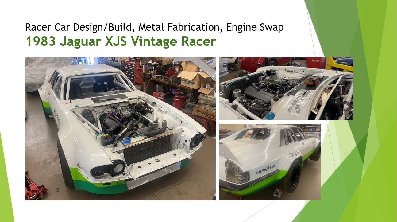 A white and green jaguar xj5 vintage racer is being restored.