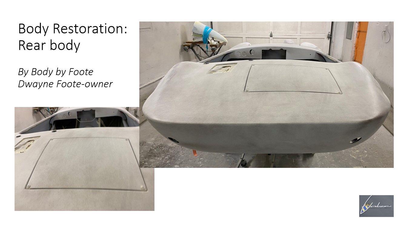 A picture of a rear body of a car being restored