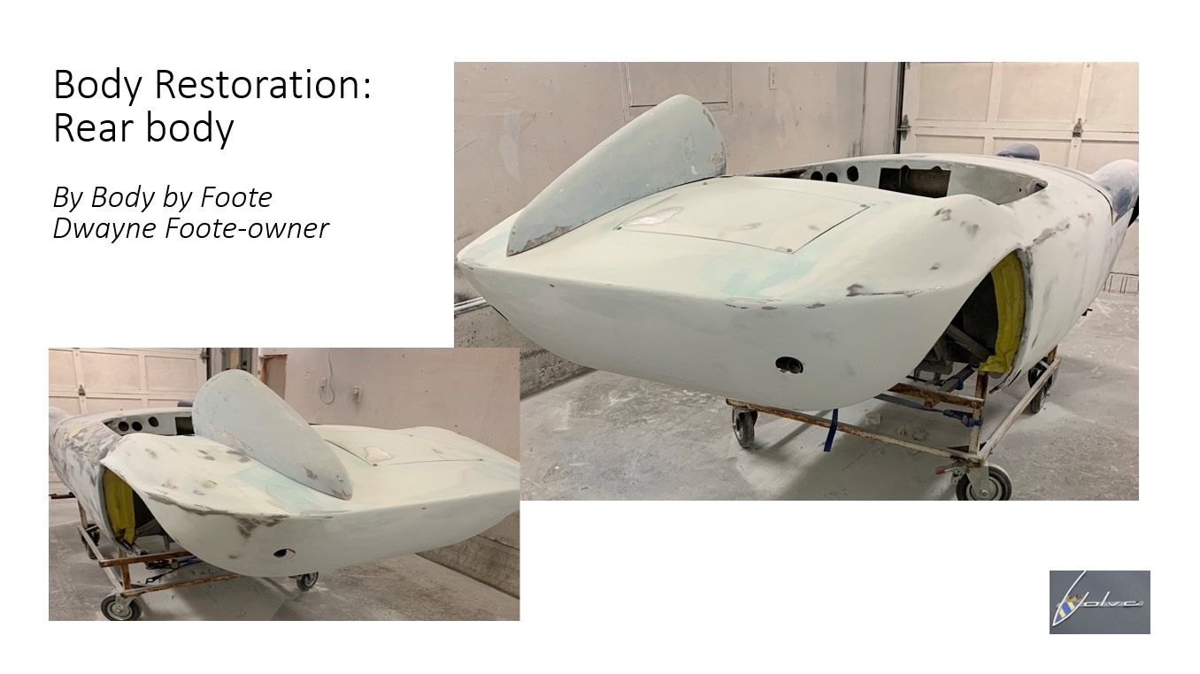 A picture of a boat being restored with the words body restoration rear body