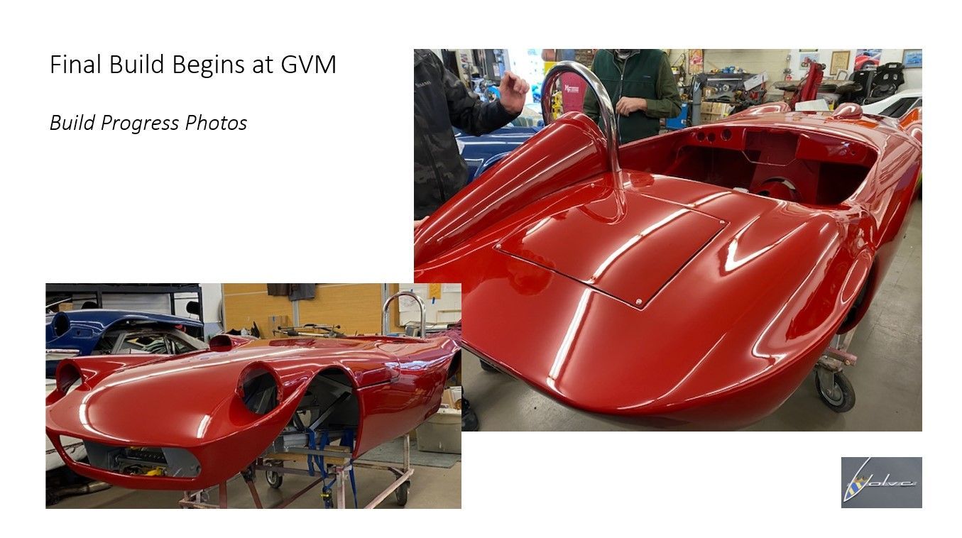 A red sports car is being built in a garage.