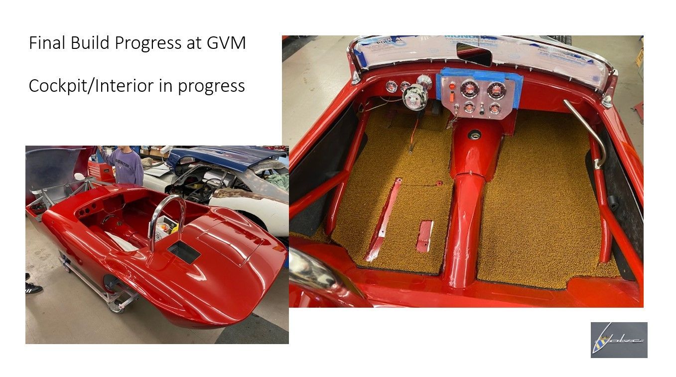 A picture of a red car with the words cockpit interior in progress on the bottom