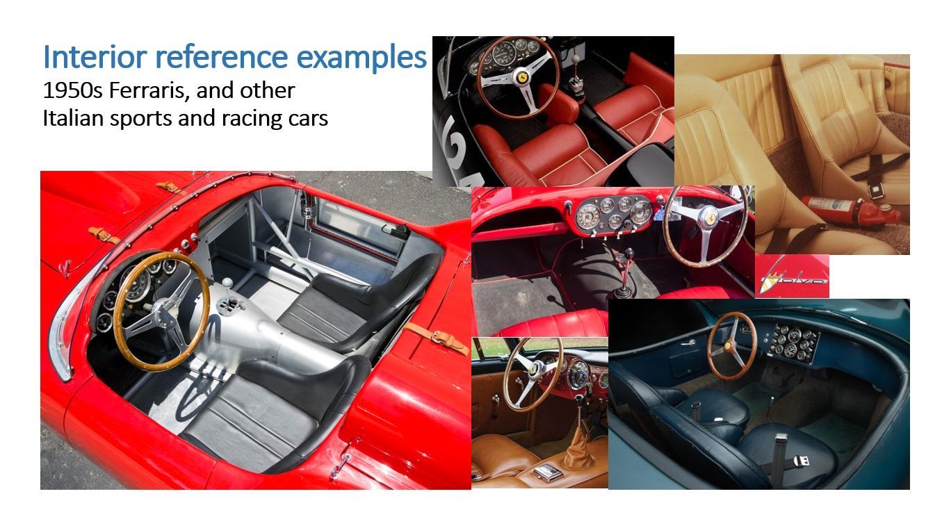 A collage of interior reference examples of 1950s ferraris and other italian sports and racing cars