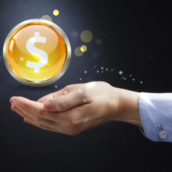 Hands held open under a glowing gold sphere featuring a white dollar sign against a dark background.