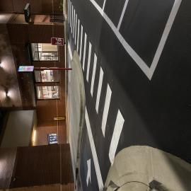 A paved outdoor path with white painted crossing stripes leads toward a building entrance at night.