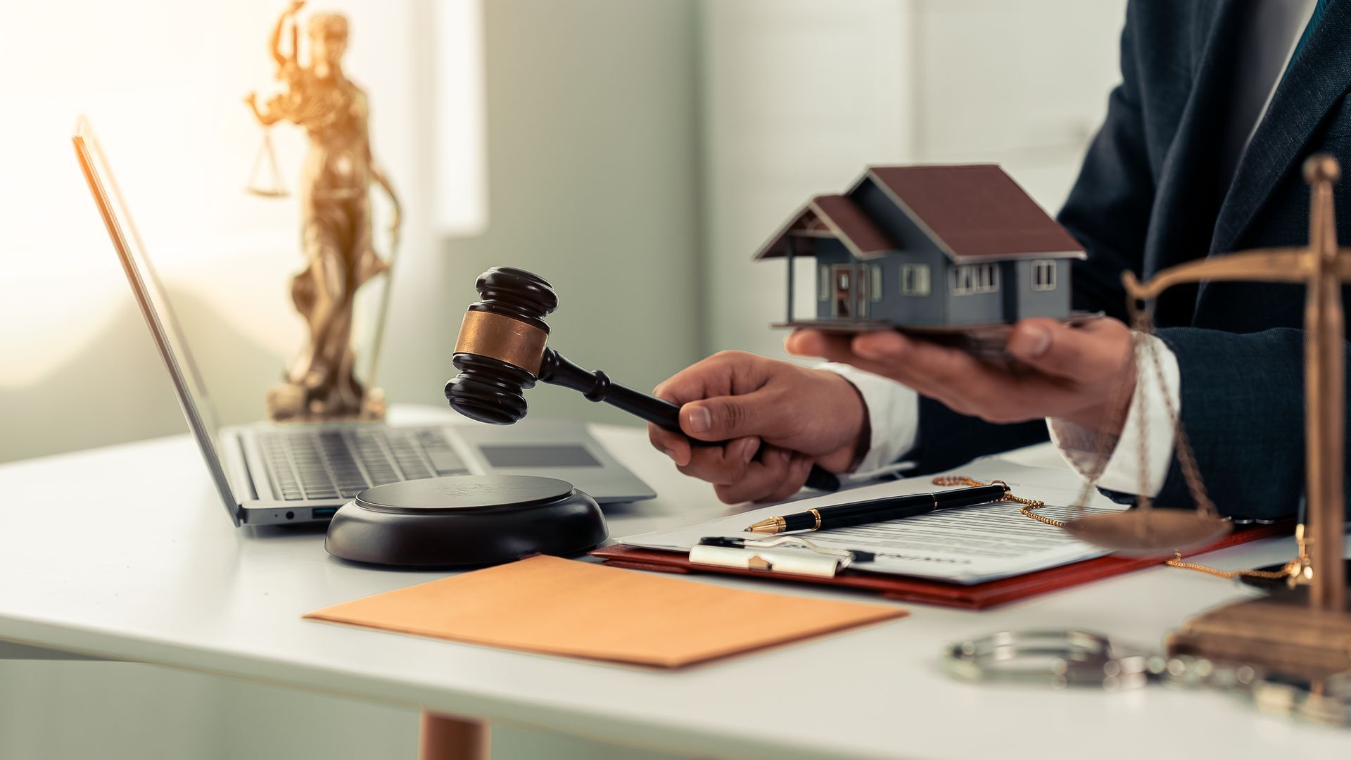 A judge is holding a gavel and a model house.