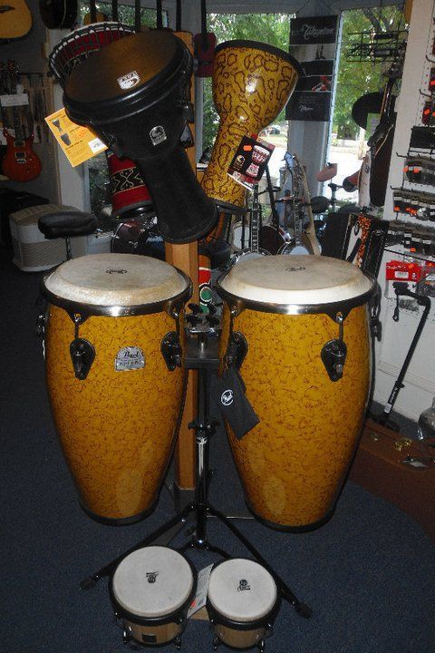 Pair of yellow conga drums with black stands and small drums in a music store.