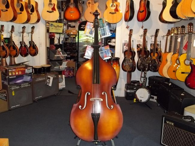Large upright bass centered in a music store surrounded by violins, guitars, and amplifiers.