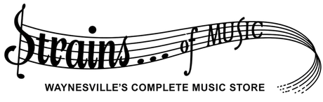Logo for Strains of Music, a Wayneville's complete music store, in black script with a staff design