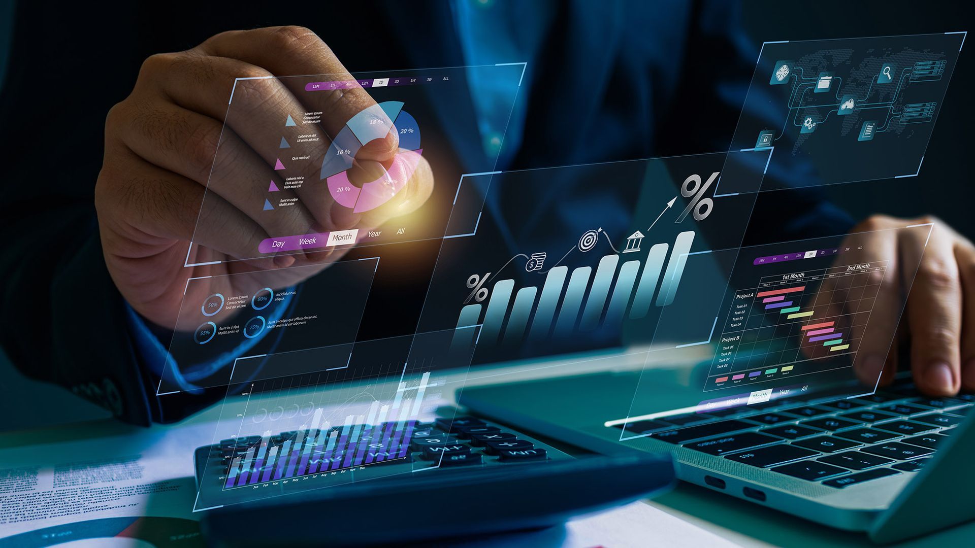 Person in a suit interacting with holographic financial data and laptop.