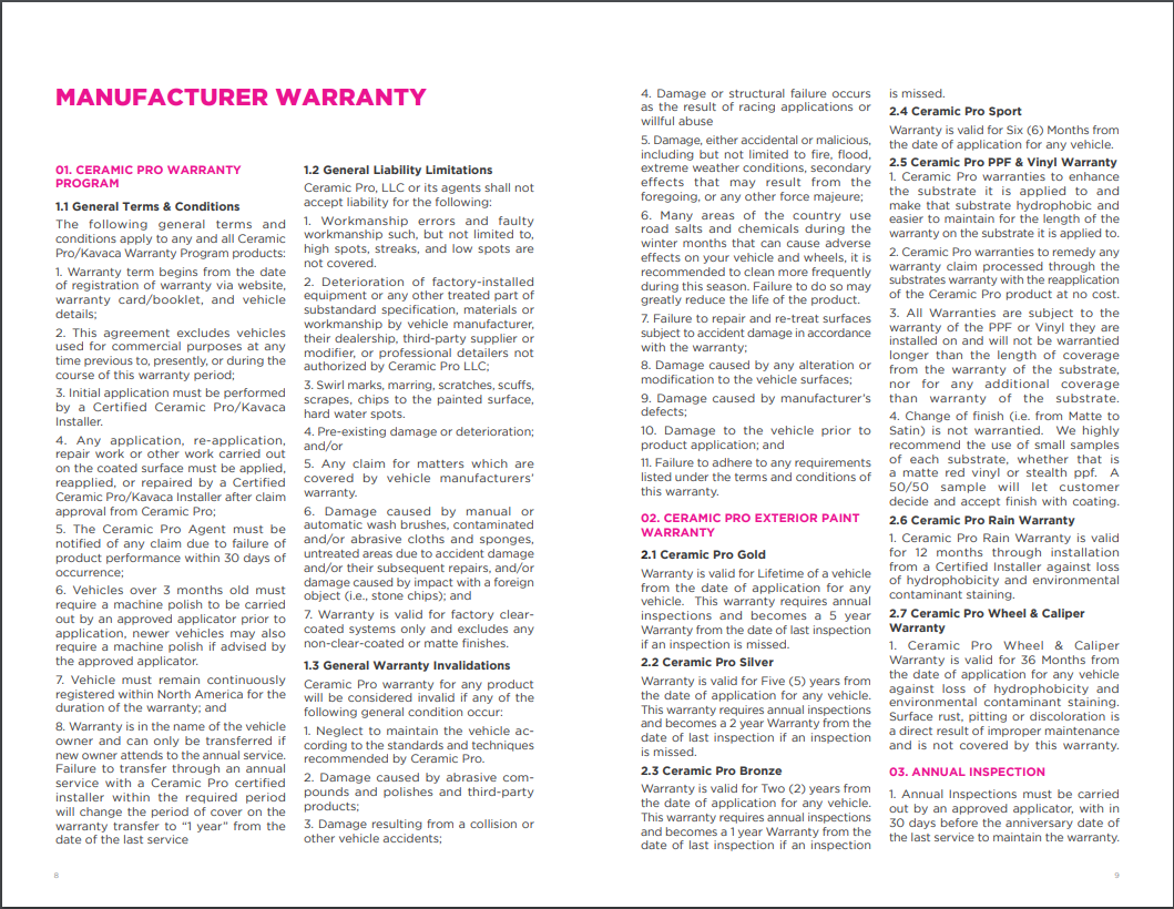 Ceramic Pro warranty and after care instructions