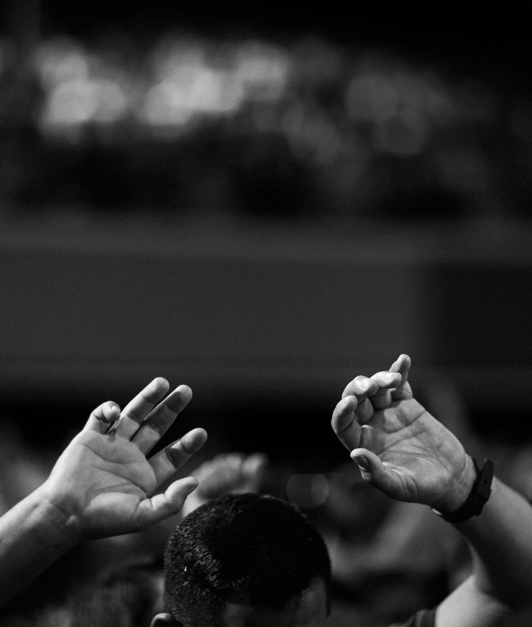 A group of people are raising their hands in the air in a black and white photo.