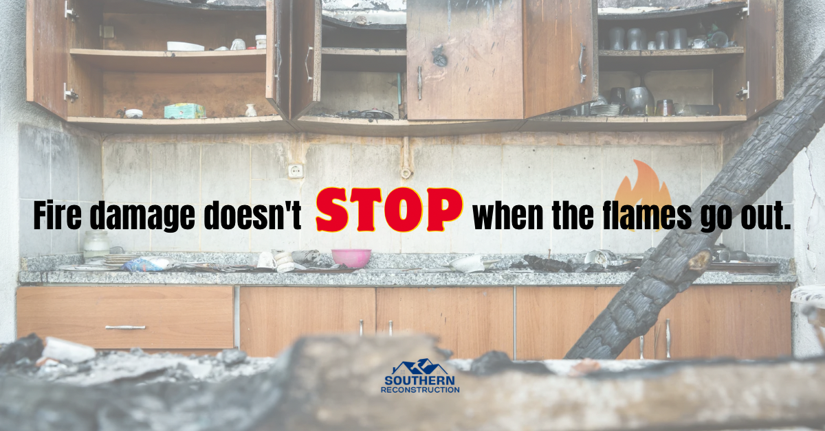 A fire-damaged kitchen interior with the text: