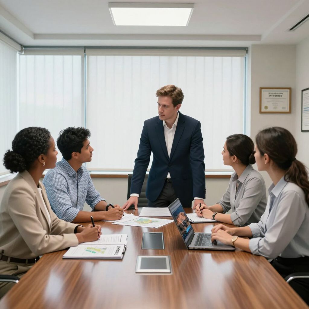 Business meeting in a modern office. A man in a suit leads discussion around a table with laptops and papers.