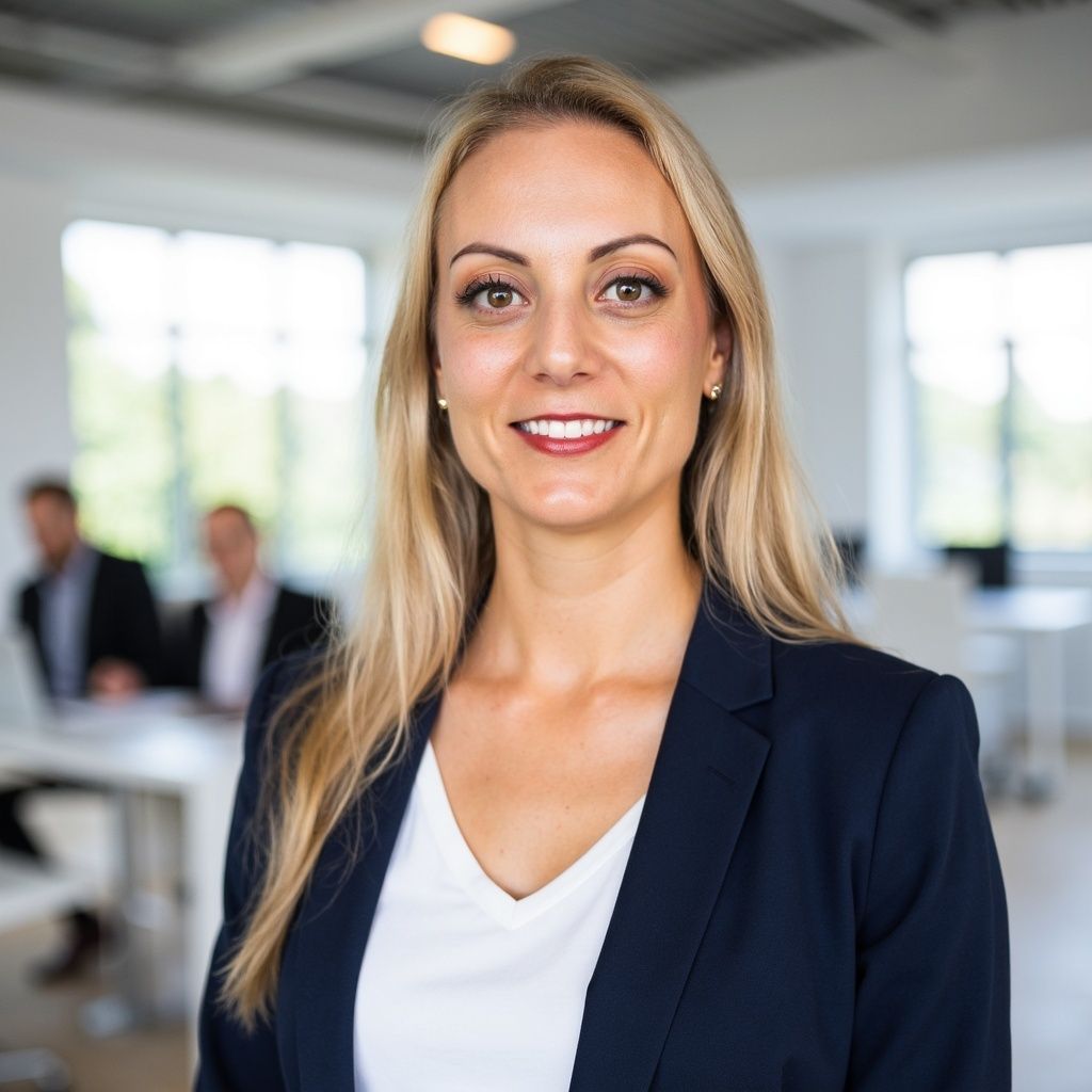 Woman in navy blazer smiles in an office, other people blurred in the background.