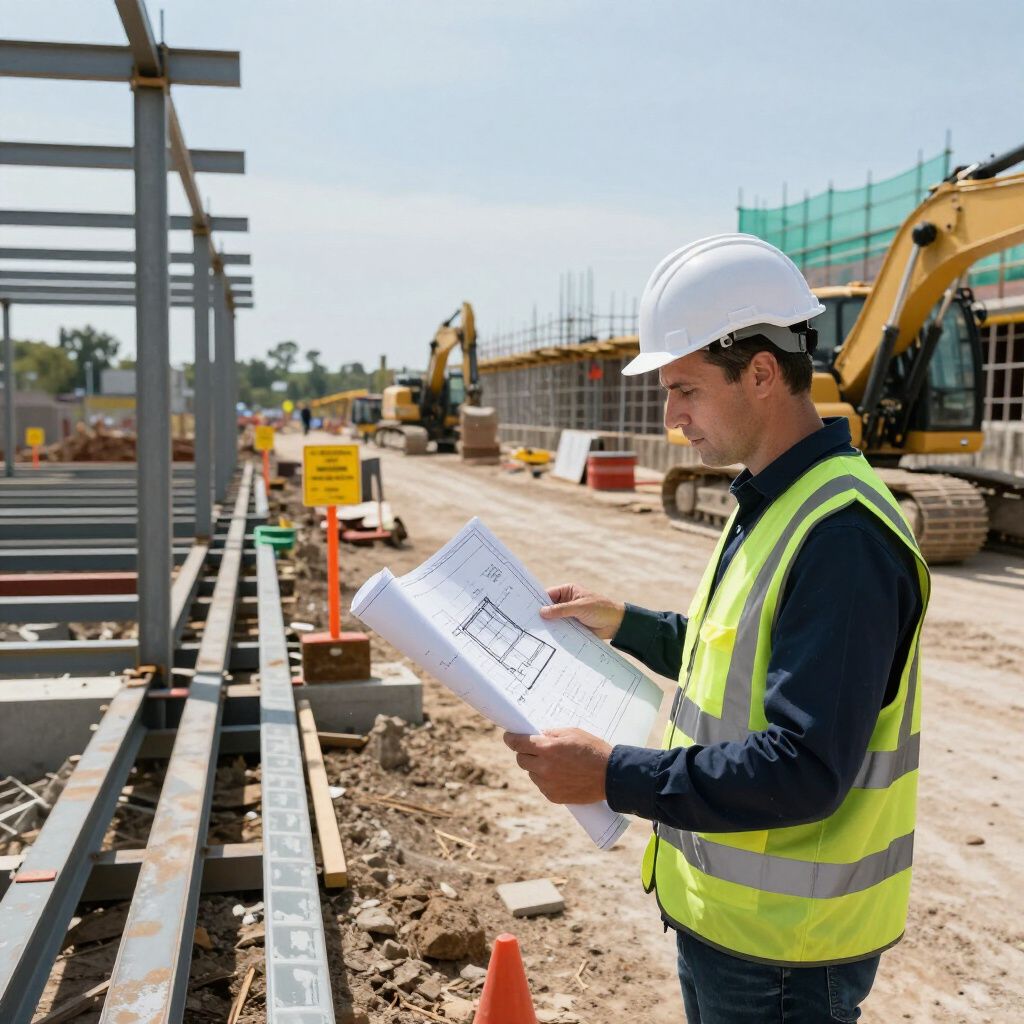 Construction worker in hard hat and vest reviews blueprints on site, with heavy machinery in the background.