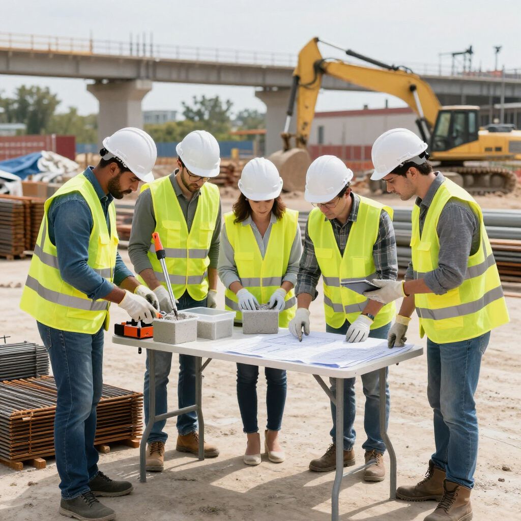 Construction workers in vests and helmets review blueprints on a table at a construction site.