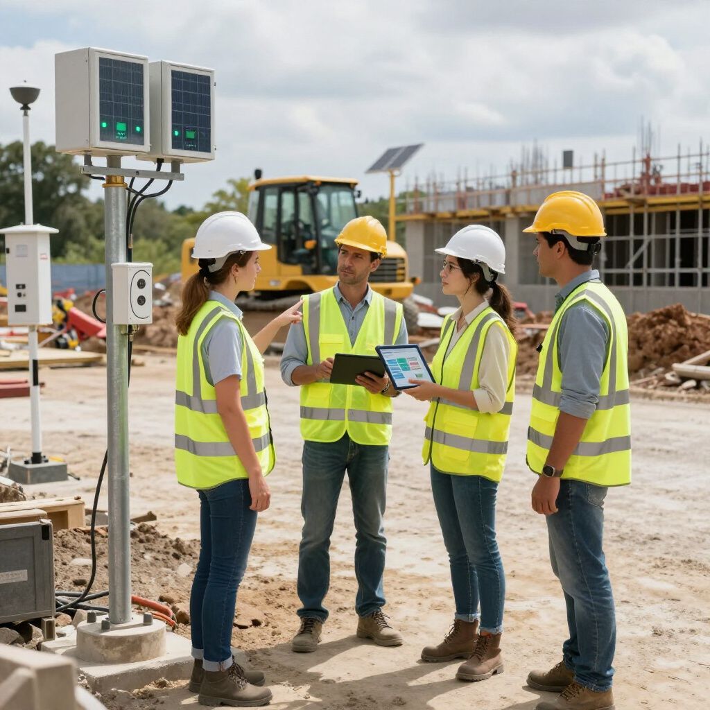 Construction workers reviewing data at a site. They wear safety vests, hard hats, and stand near air quality monitors.