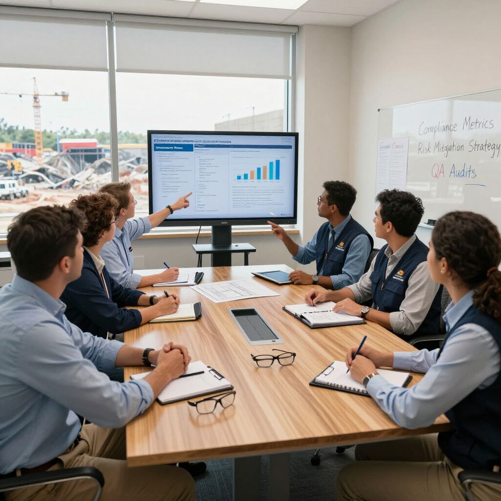 Group in a conference room, looking at data on a monitor, pointing. Windows show a construction site.