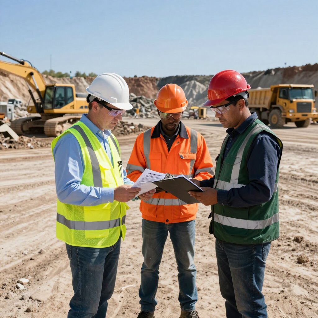 Three construction workers in safety vests and hard hats reviewing paperwork outdoors near heavy machinery.